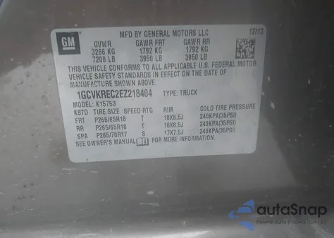 2014 Chevrolet Silverado 1500 1Lt from USA, damaged, VIN 1GCVKREC2EZ218404